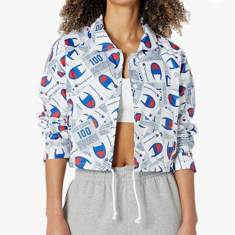 Champion Women’s White Multi “100” Cropped Activewear Coaches Jacket Sz-S